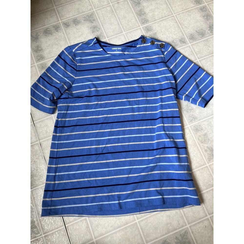 LANDS END Medium 10-12 Short Sleeve Round Neck Tee Blue Stripe Shoulder‎ Buttons